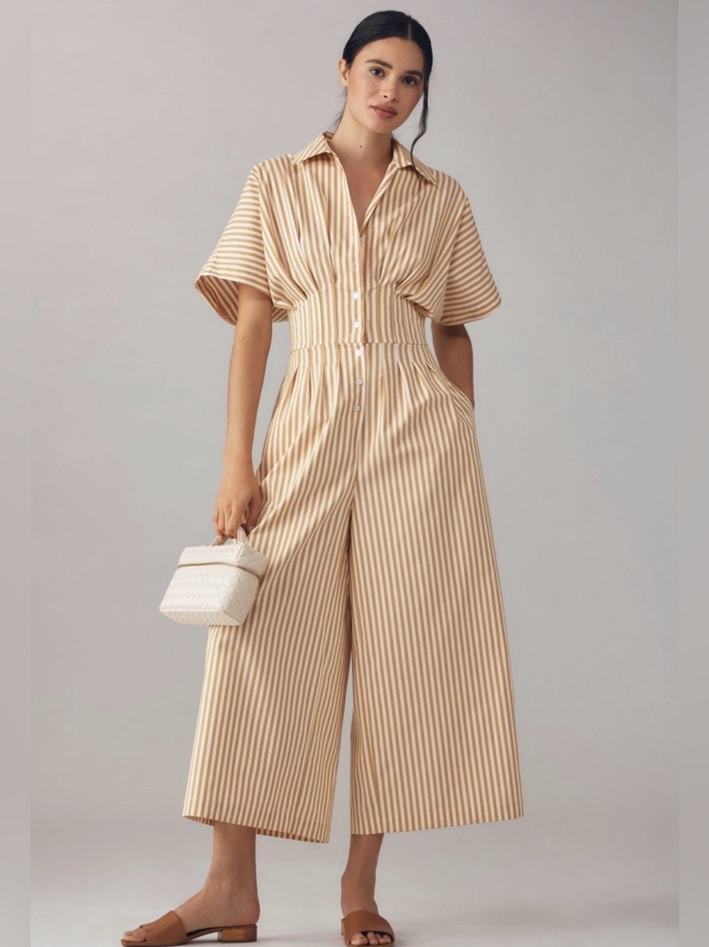 Anthropologie Exquise Tobie Danna Striped Camel Beige Jumpsuit